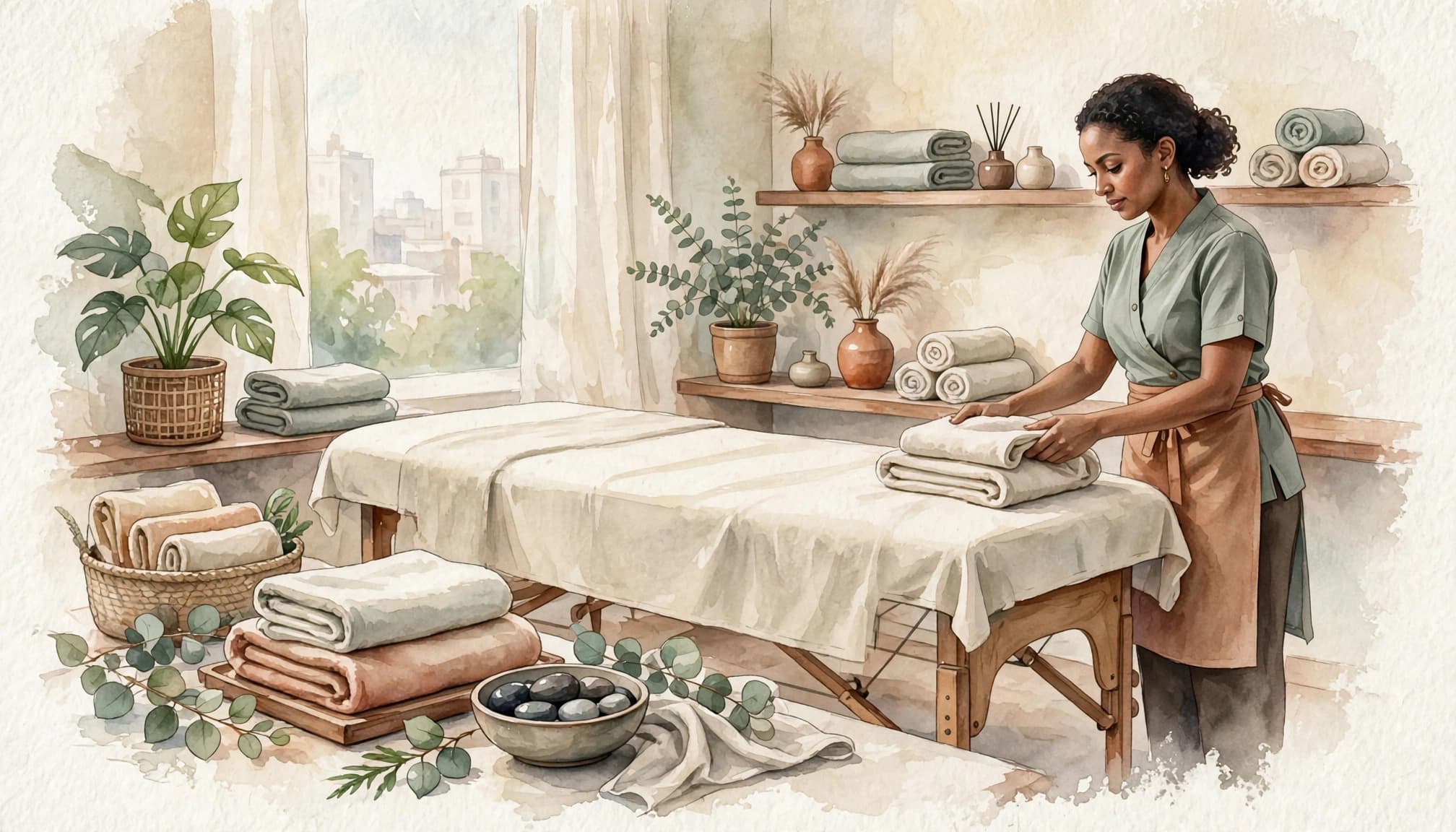 A therapist prepares a treatment table with towels and a bowl of stones in a calm spa room.