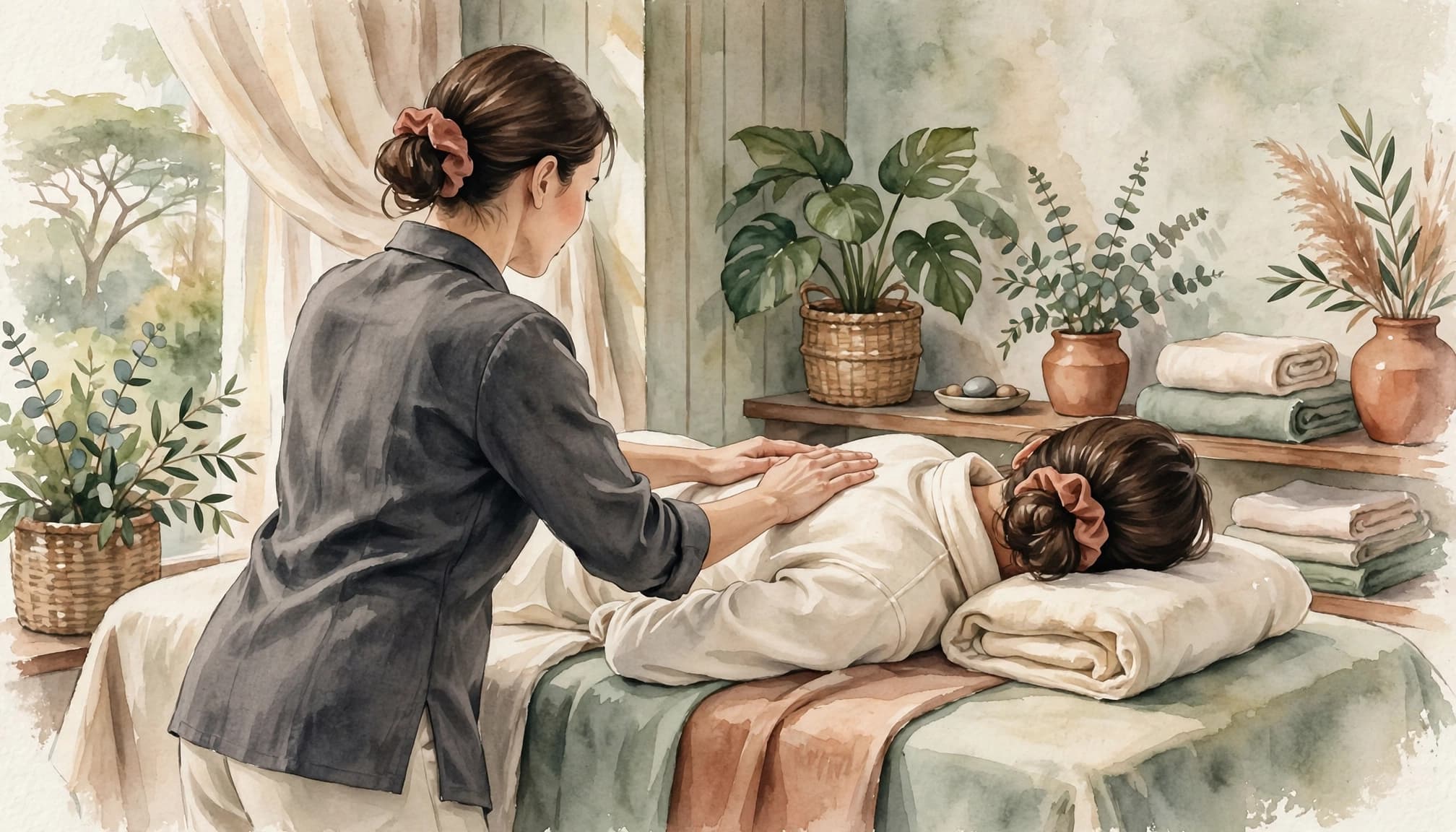 A therapist gives a clothed woman a shoulder massage in a softly lit spa room.