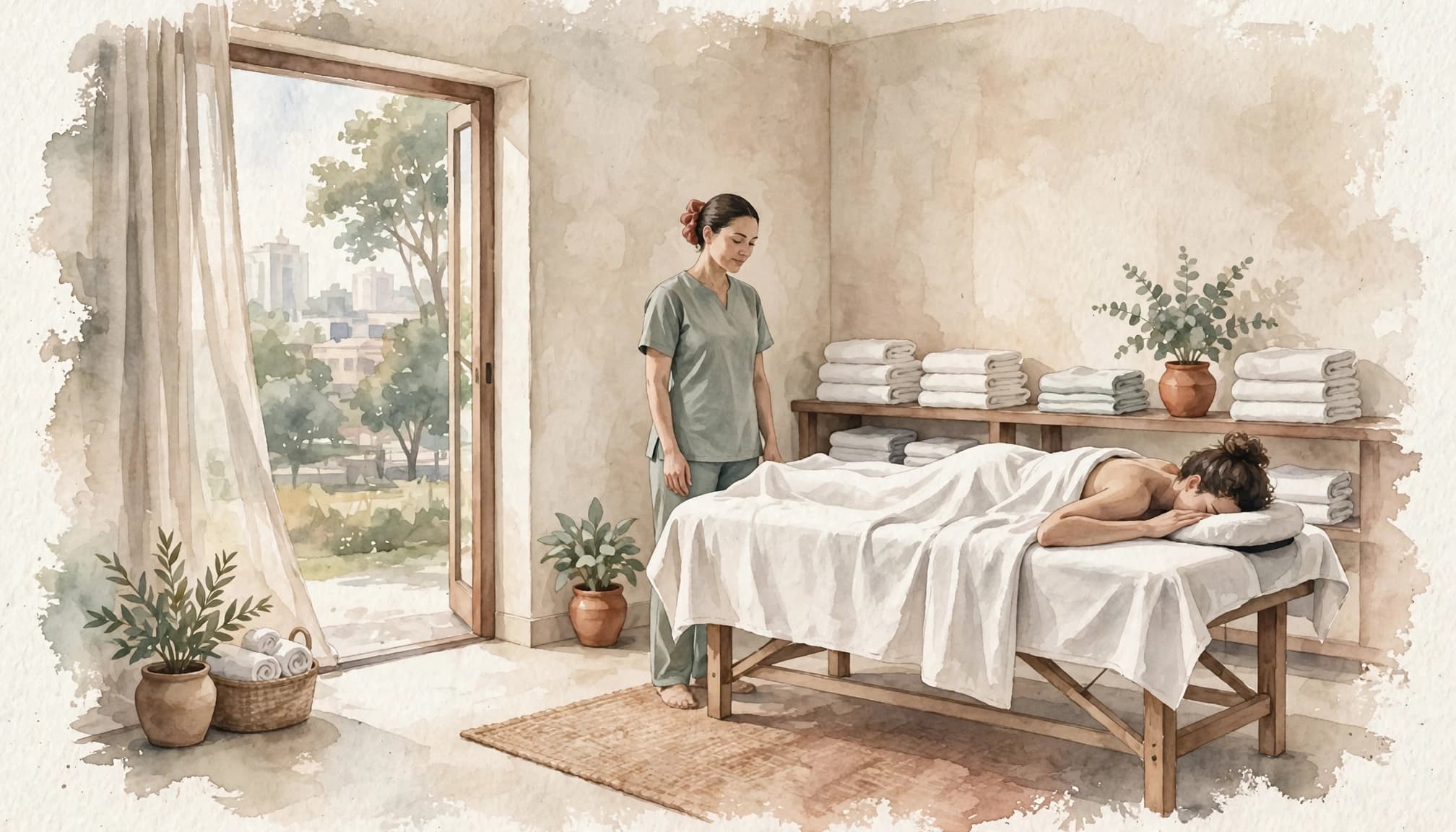 Curvy Escorts Nairobi: Choosing a Professional Massage Safely 2 Therapist beside a towel-covered client on a massage table in a calm spa room.