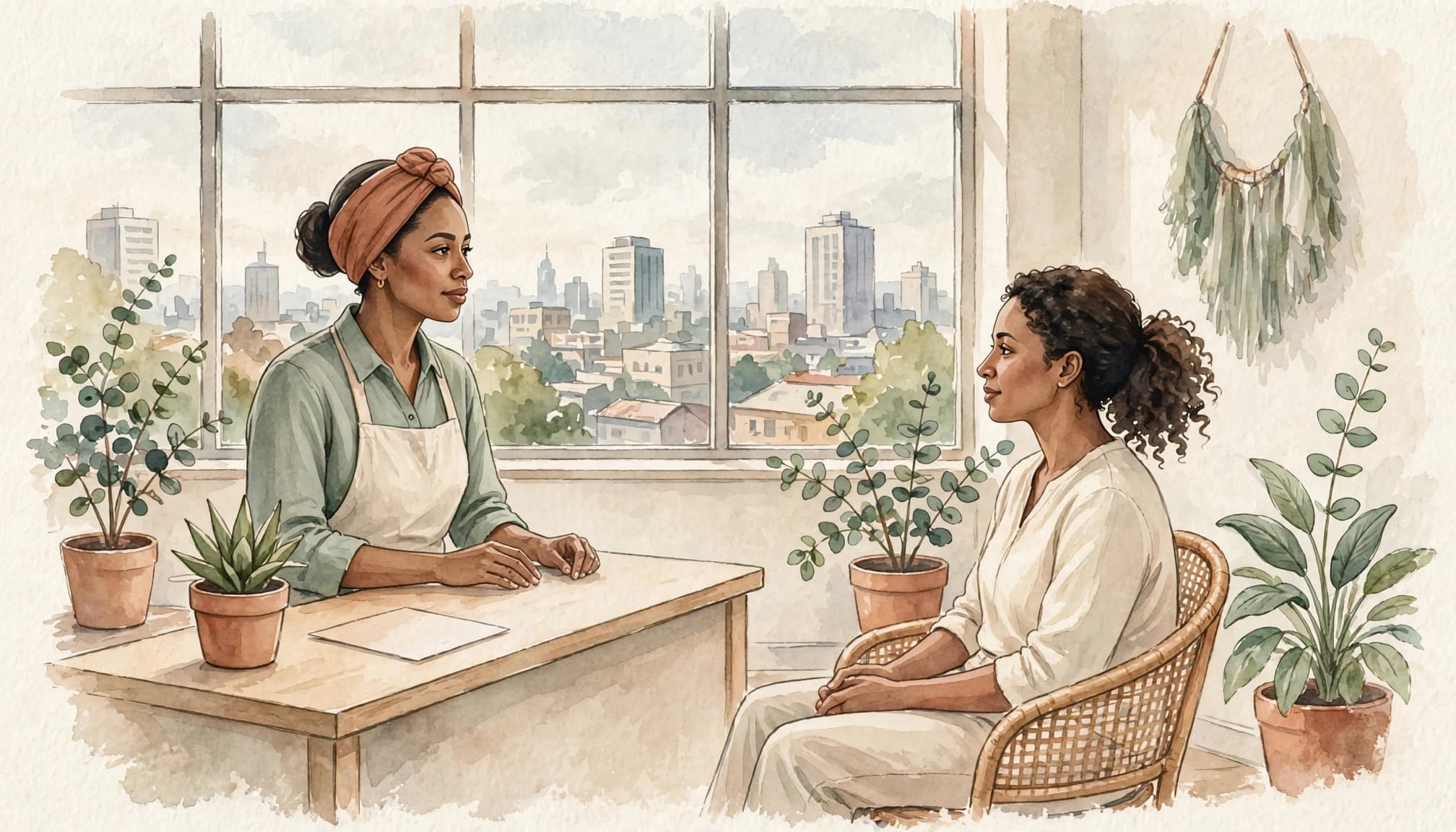 A receptionist speaks with a seated client in a quiet Nairobi wellness reception.