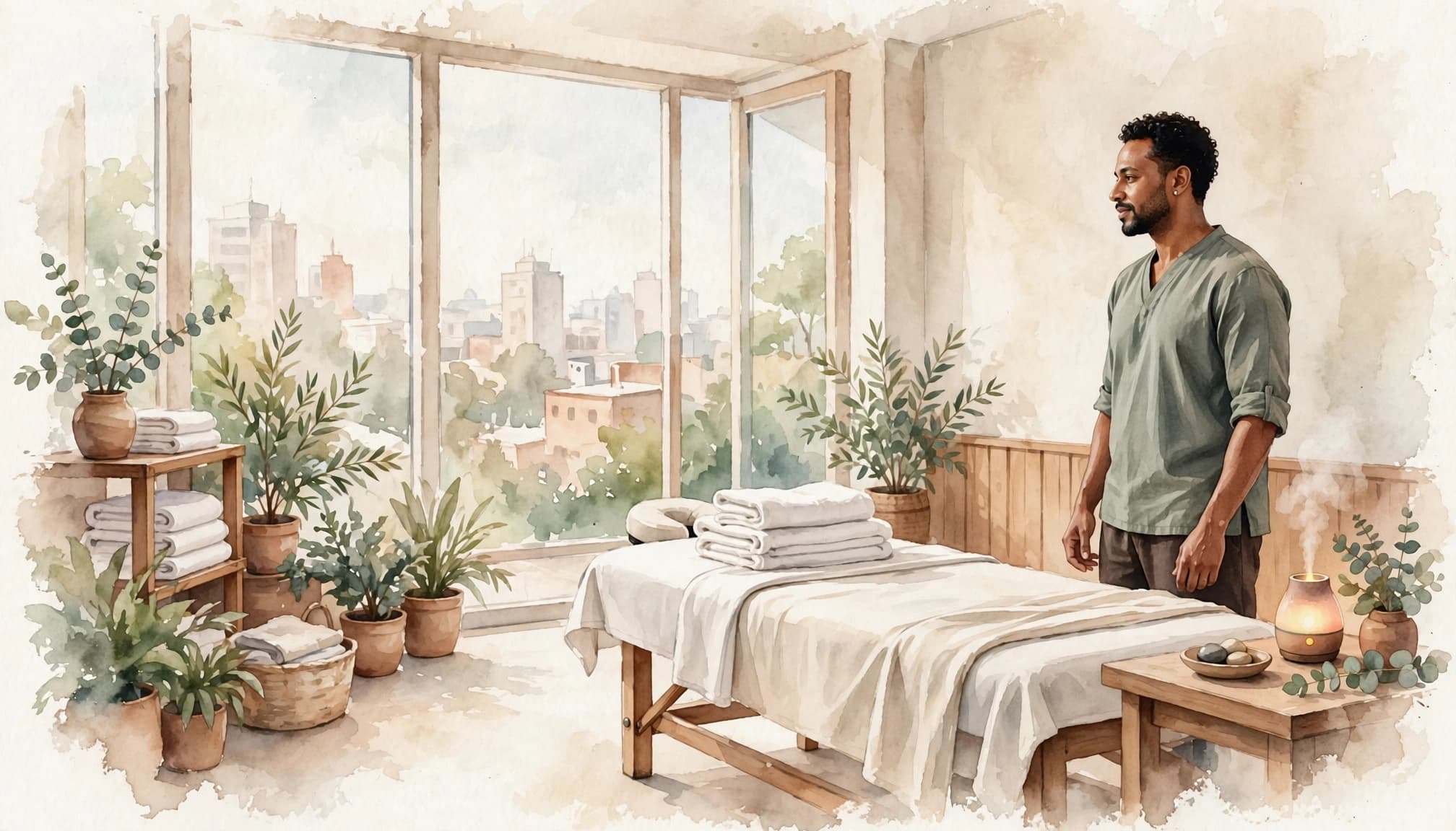 Male Escorts Nairobi: How to Book Massage Safely 2 A male massage therapist stands beside a prepared table in a calm spa room.